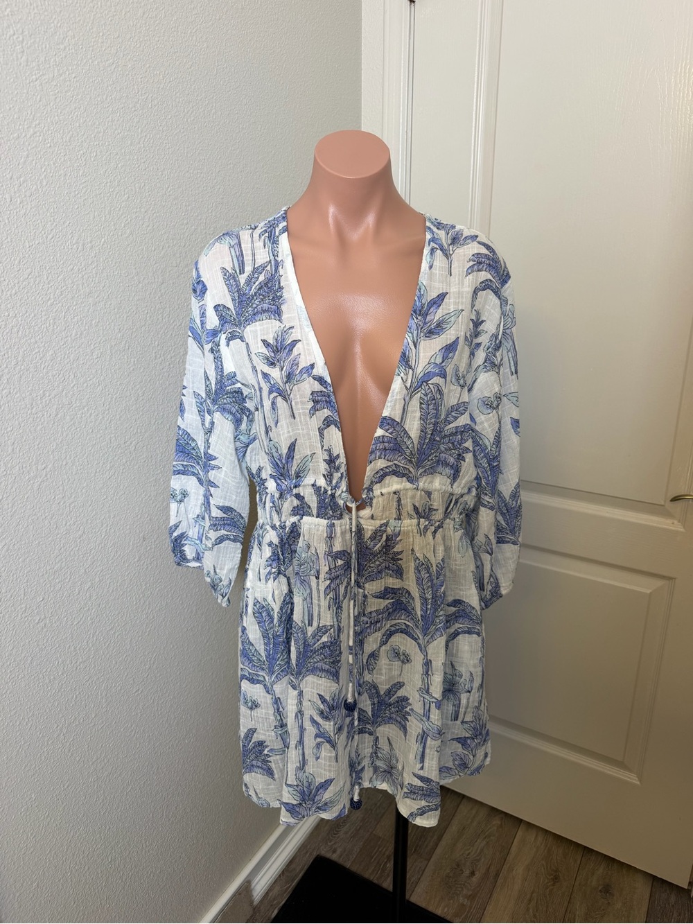 blue island White and Blue Floral Tie-Waist Mini Dress